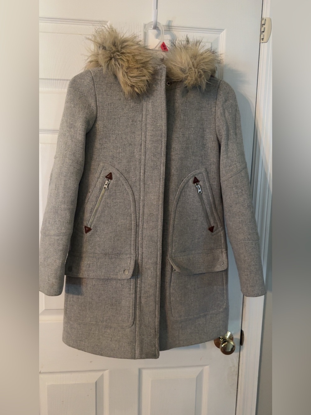 J. Crew Light Gray Wool-Blend Pea Coat with Faux-Fur Trim